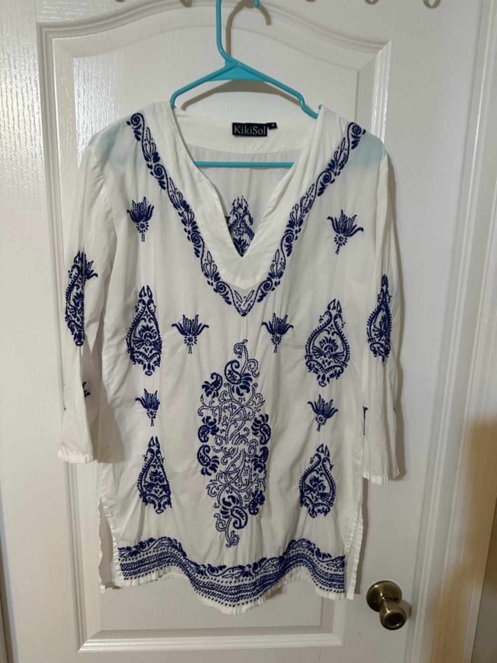 KikiSol White Tunic with Navy Embroidery